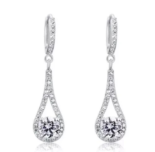 2Ct Round Moissanite Drop Earrings in 14K White Gold Plated Silver