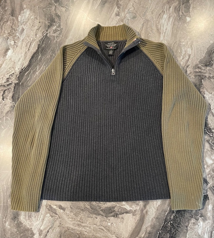 Vintage Ralph Lauren Jeans Co Ribbed Cotton Sweater Mens L  1/4 Zip 2 Tone Y2K