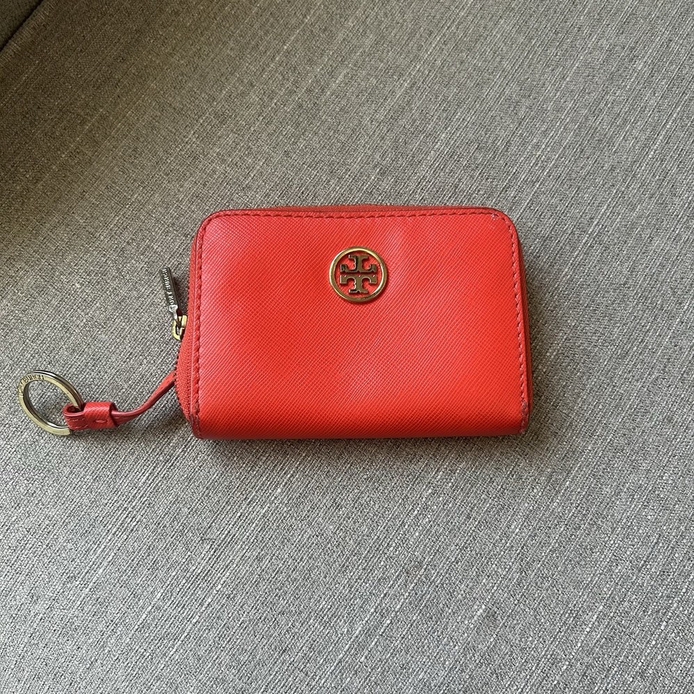 Tory Burch Poppy Orange Cardamom Zip Coin Purse With Keyring EUC