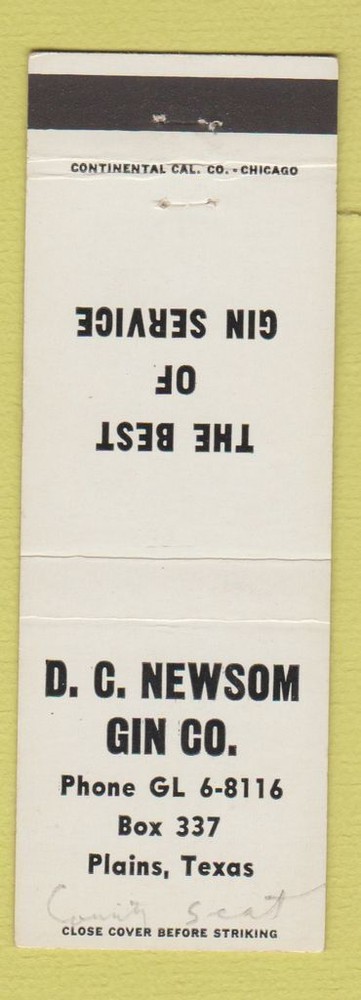 Vintage Matchbook Cover DC Newsom Gin Cotton Plains Texas Advertising Collectible
