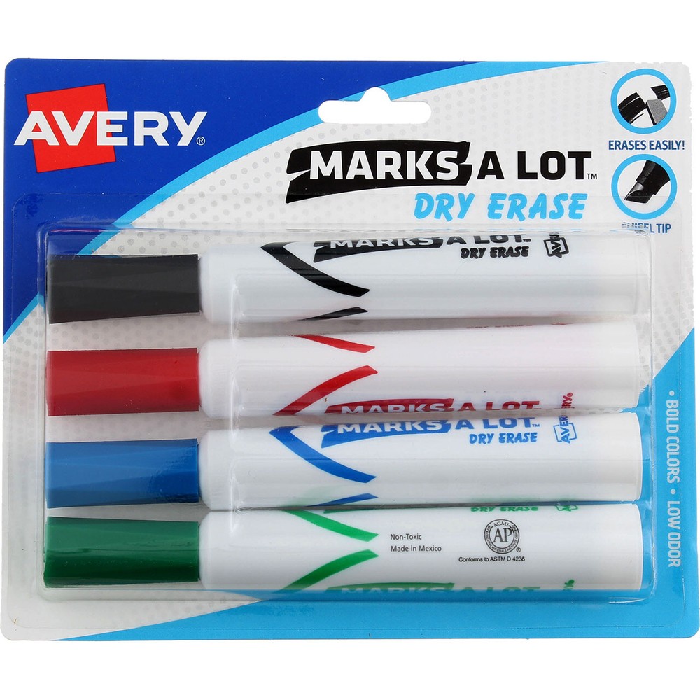 3 Pack Marks-A-Lot Dry Erase Marker, Assorted Colors 24409, Desk-Style, Chise...