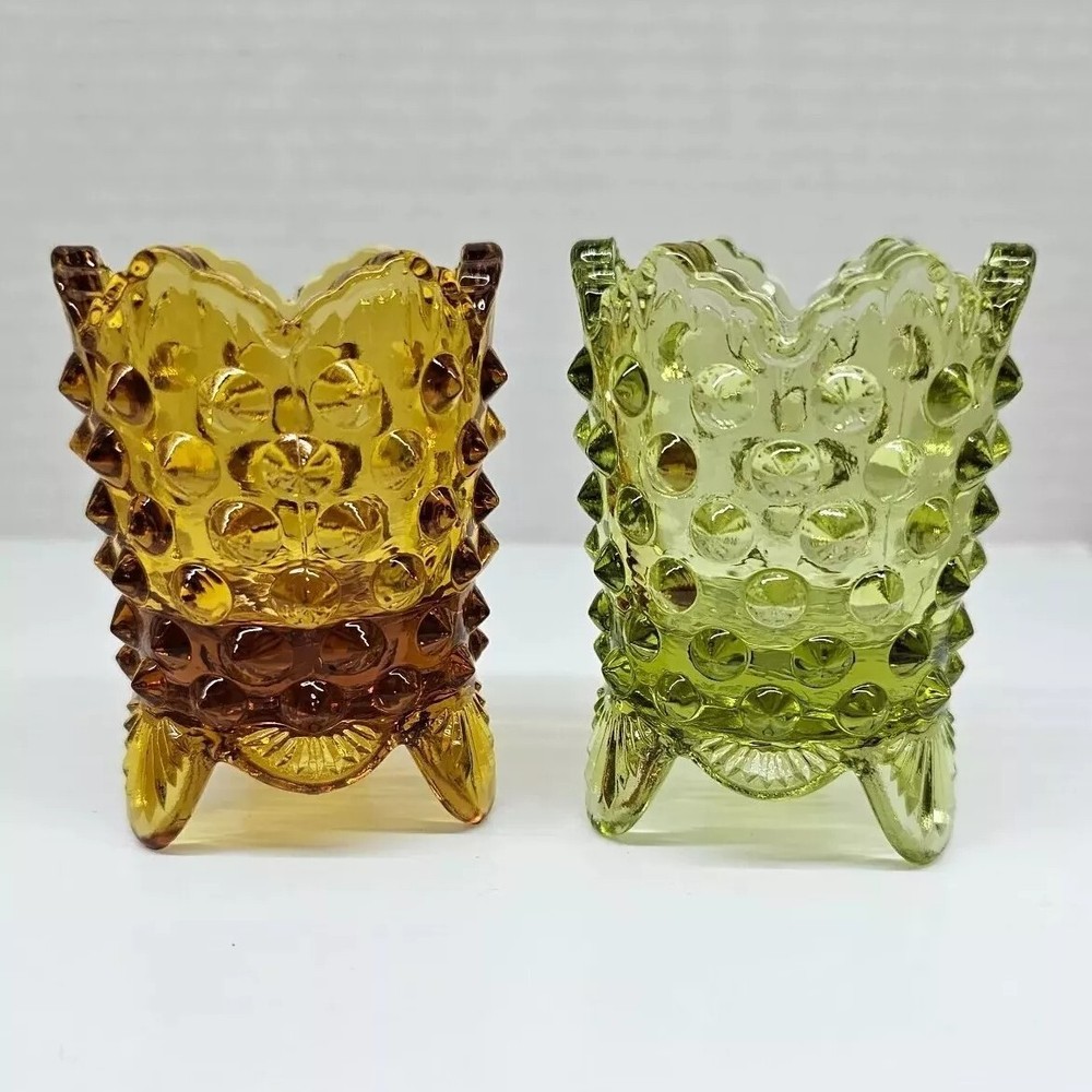 Two Hobnail Toothpick Holders Light Green and Amber Fenton Vintage 2.75