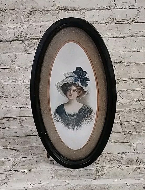 Vintage Woman in Gown with Lace Hat Oval Brown Frame 10.5x5.5