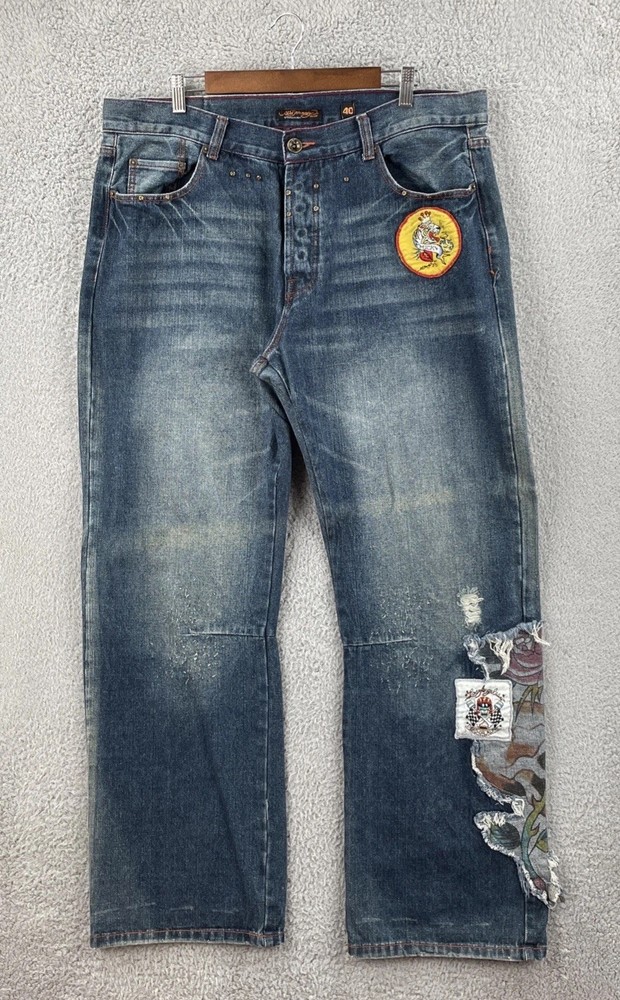 Vtg Ed Hardy By Christian Audigier Men’s 40x32 Embroidered Blue Denim Jeans Y2K