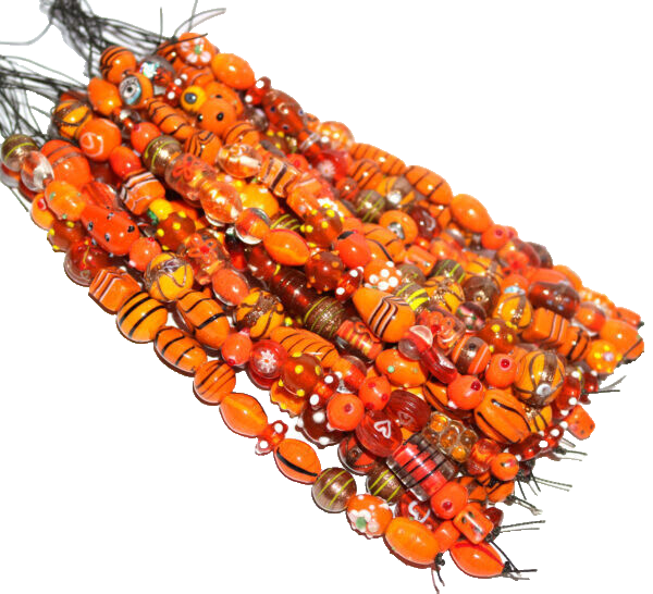 20 Strands Lamp Work Glass Beads, Orange Fancy Beads Mix, Indian Handamade Glass