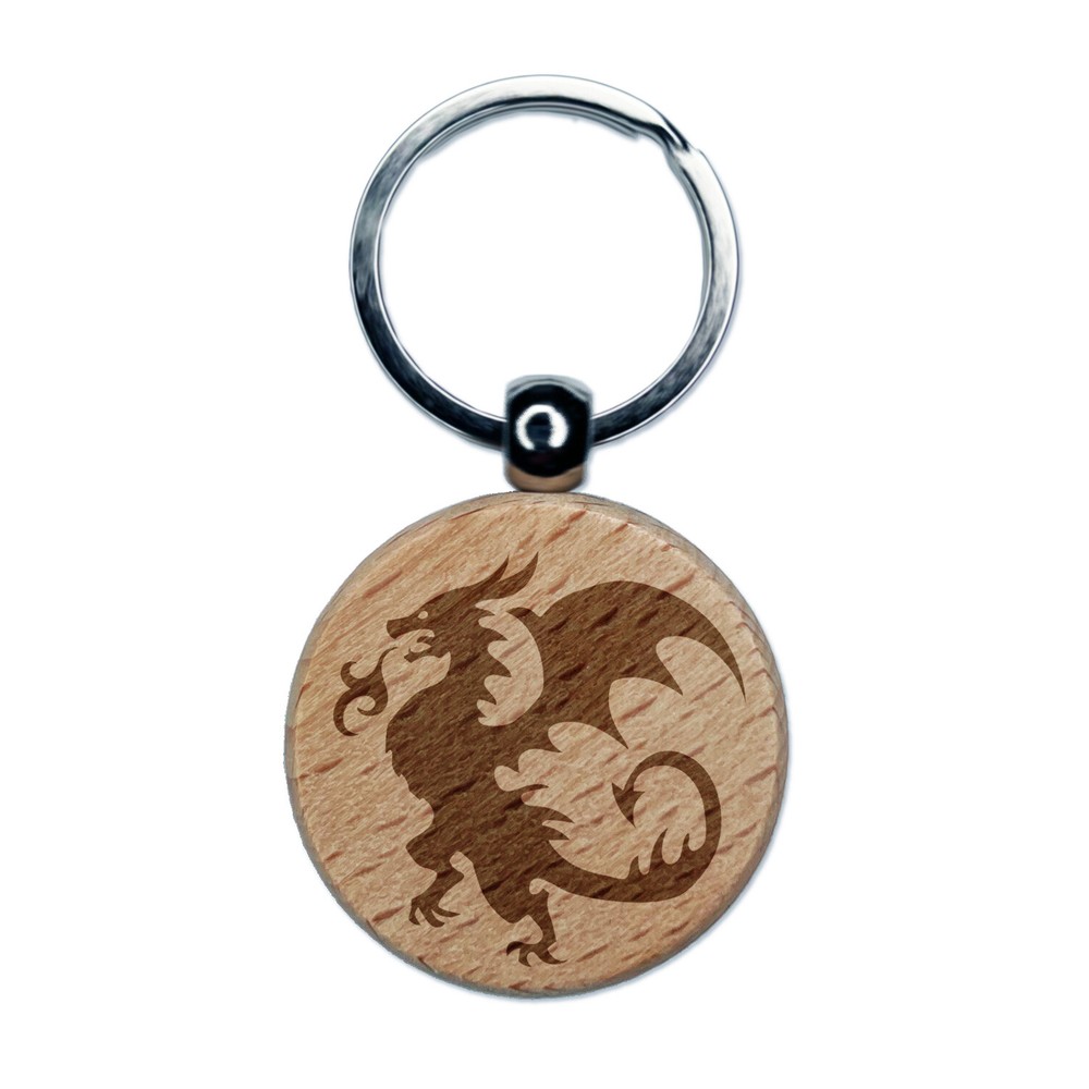 Wyvern Dragon Fantasy Silhouette Laser Engraved Wooden Keychain Charm  