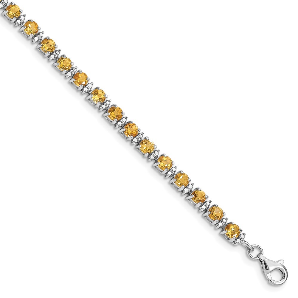 Sterling Silver Rhodium Plated Citrine Diamond Bracelet 7 Inch 6.37 Grams