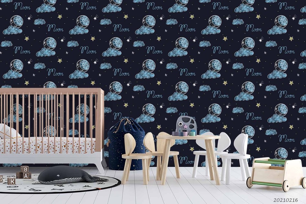 3D Space Moon Clouds Stars Pattern Wall Murals Wallpaper Murals Wall Sticker 2