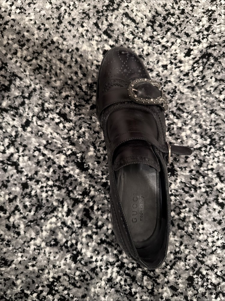 GUcci Black Wingtip Leather Double Monk Strap Loafers