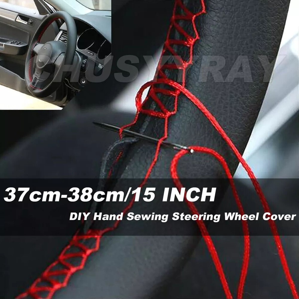 Black Red Genuine Leather DIY Steering Wheel Cover Kit with Needles Thread