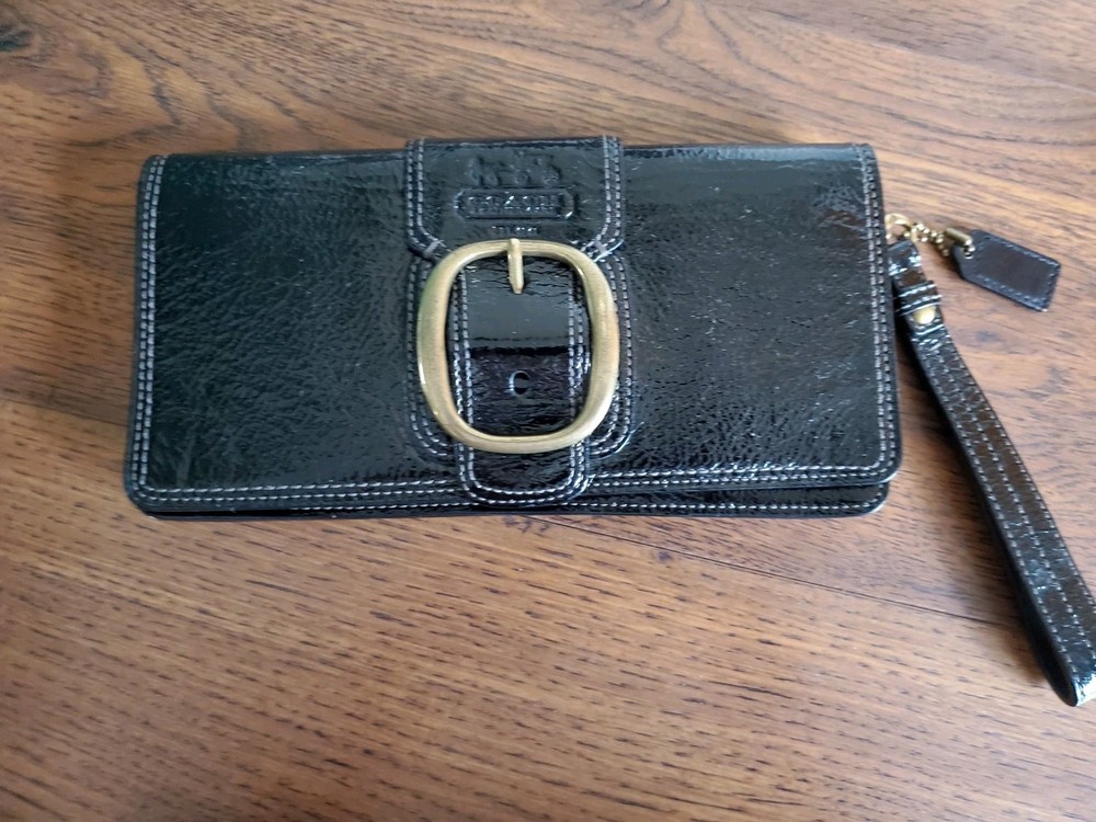 Coach Black Shiny Leather Wallet with Large Buckle