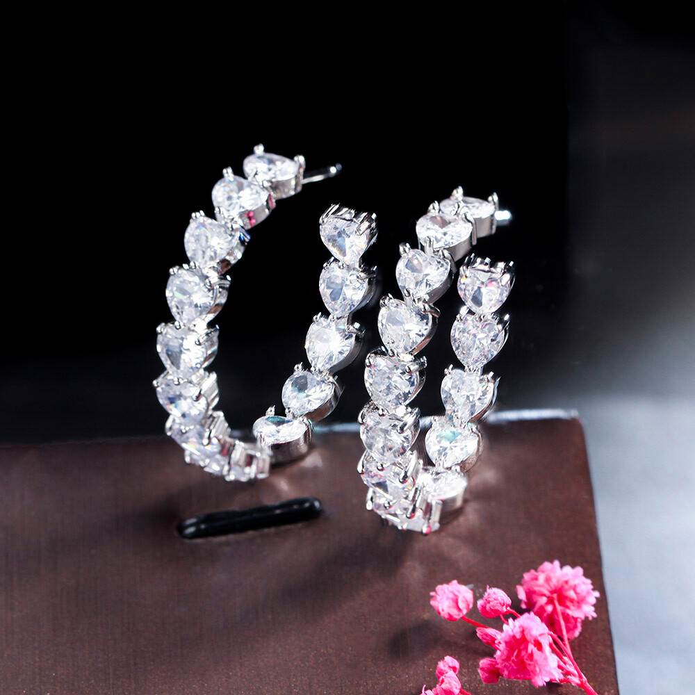 Romantic heart cut white cubic zirconia bridal hoop earrings