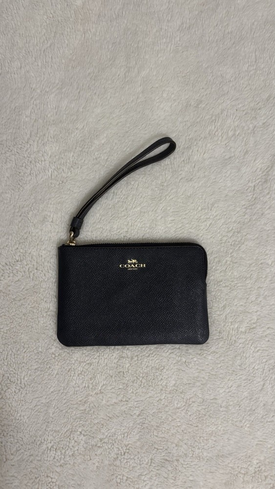 Coach Women’s Navy Blue Wristlet Wallet Gold Zipper Logo