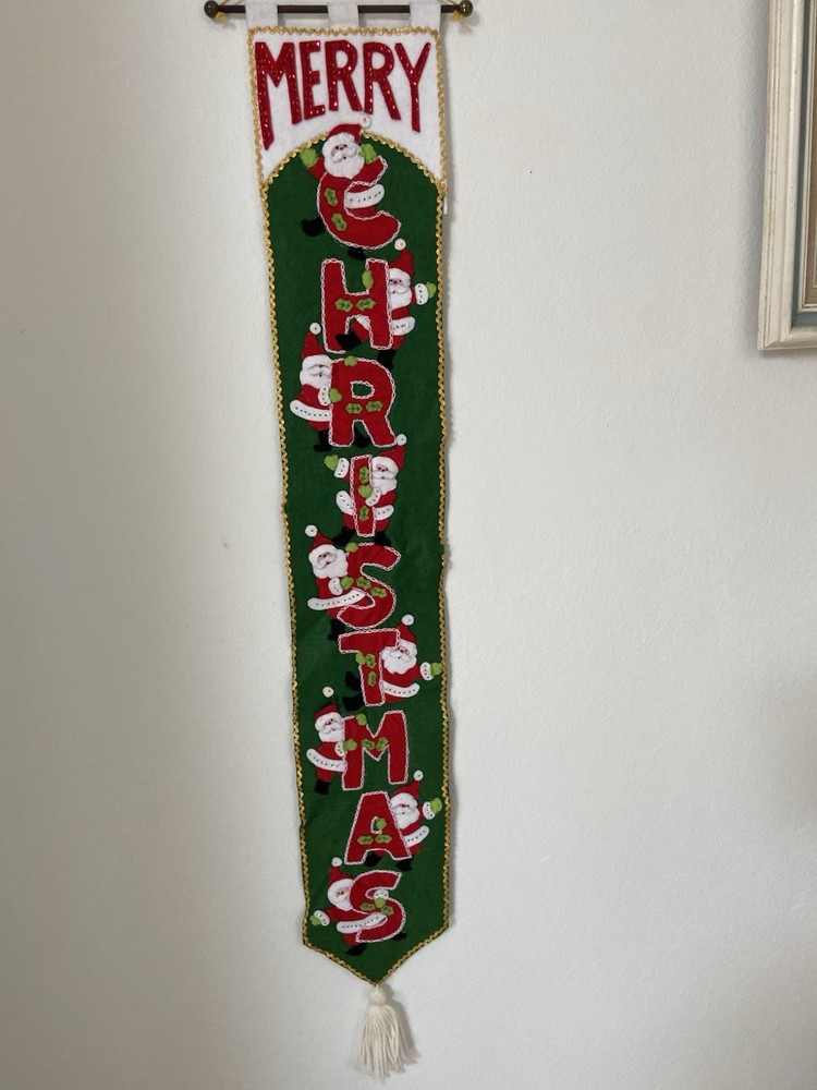 Vintage Bucilla Felt & Sequin Santa Christmas Wall Hanging