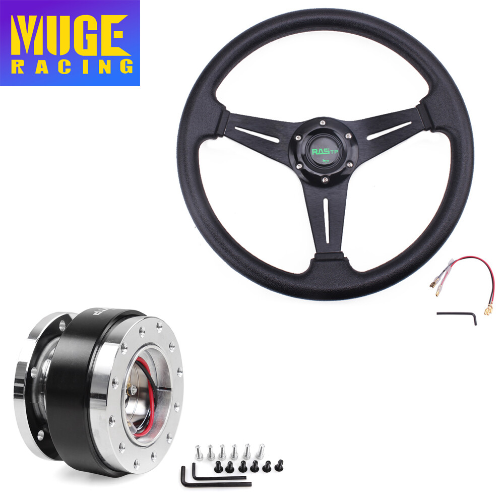 350mm Racing Drifting Deep Dish Black Steering Wheel w/ Quick Release Adapter