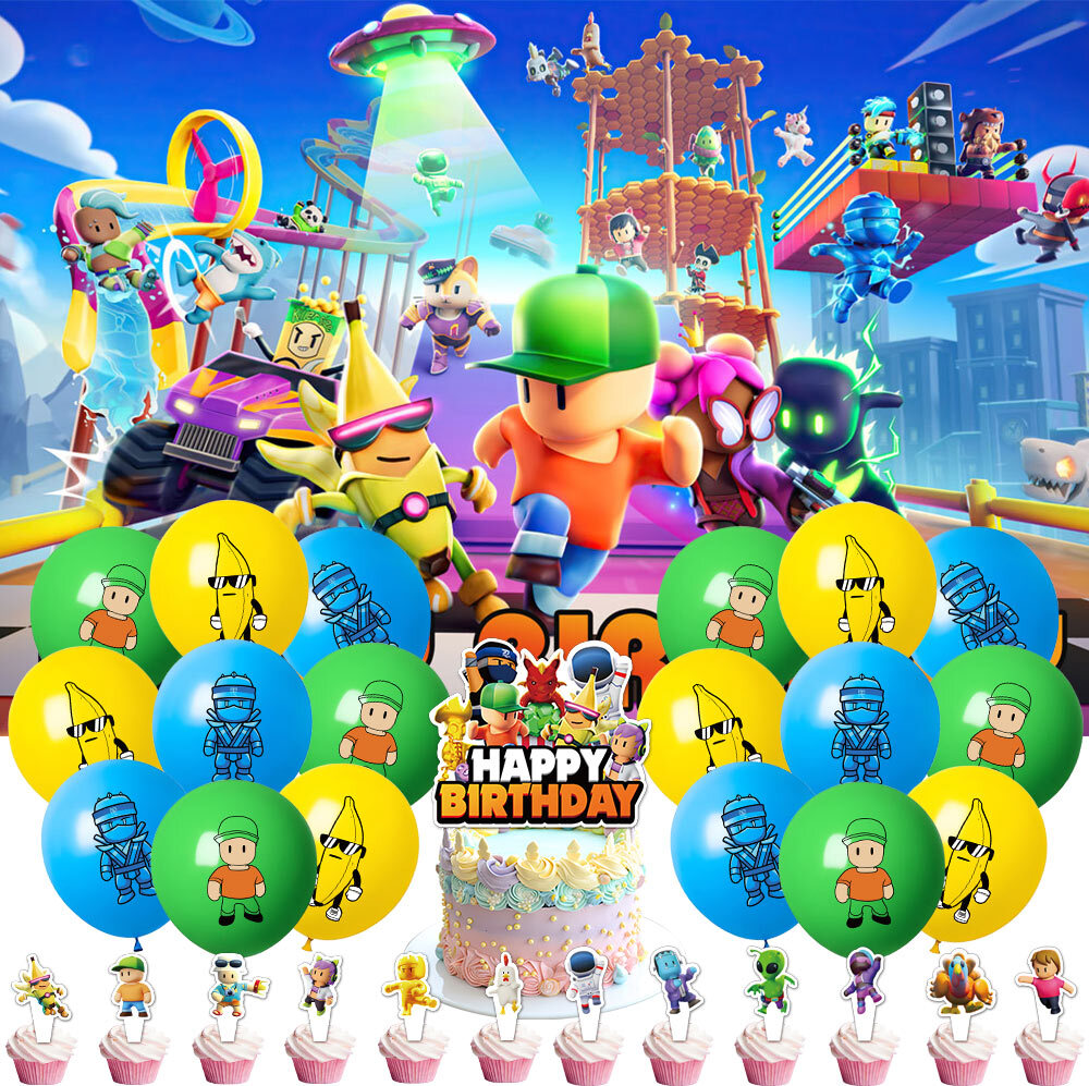 Stumble Guys Birthday Party Decor Set with Balloons Banner and Cake Toppers