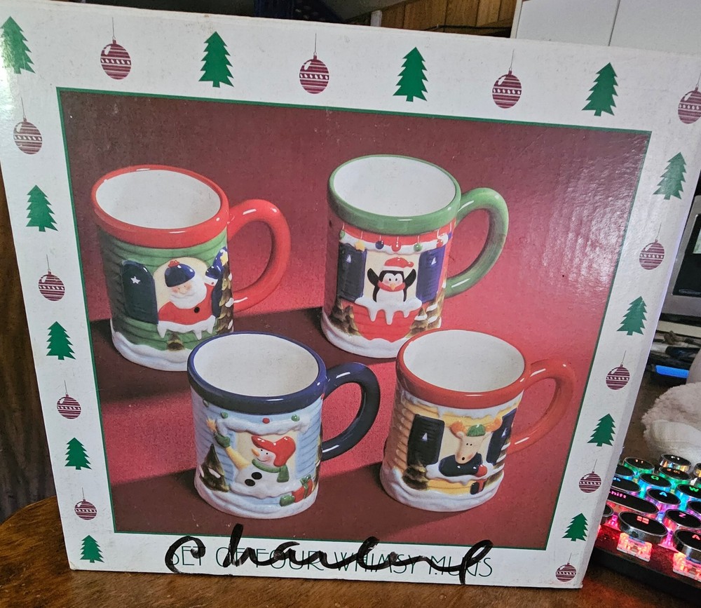 4-Pack Christmas Mugs with 3D Penguin Snowman Santa Reindeer Designs  