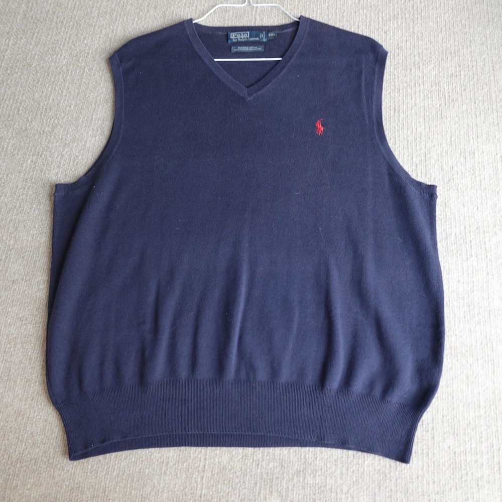 Polo Ralph Lauren Sweater Vest 2XL Blue Solid V-Neck 100% Pima Cotton