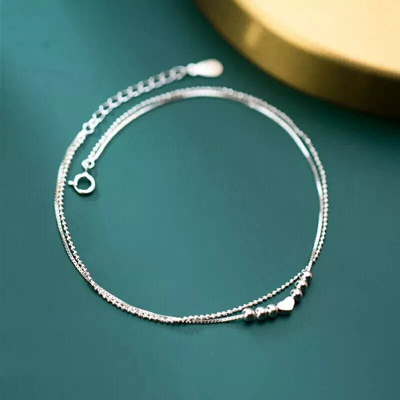S925 Sterling Silver Two-Tier Heart Bead Box Chain Bangle Bracelet for Women