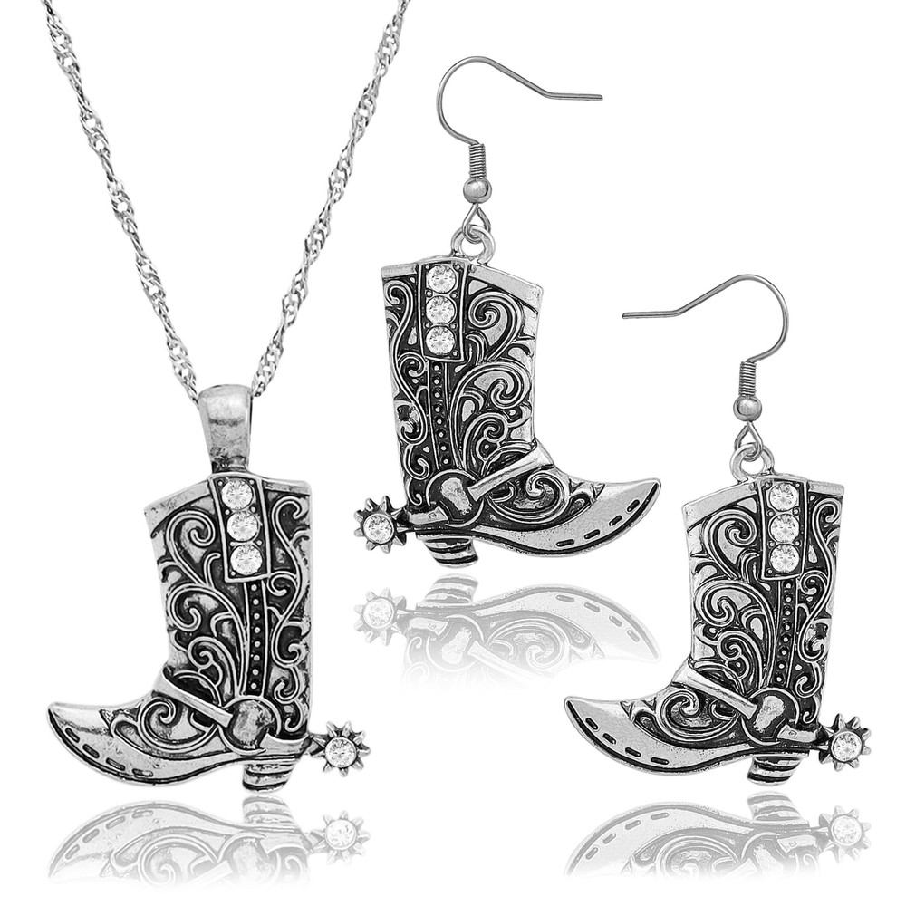 Western Cowgirl Boots Jewelry Set with Spur Necklace & Earrings