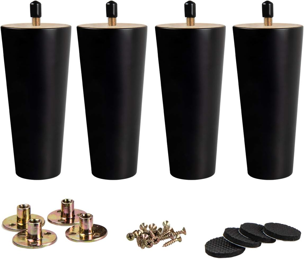 6 Inch / 15Cm Wooden Furniture Legs, Set of 4 Black Solid Wood Tapered M8 Furnit