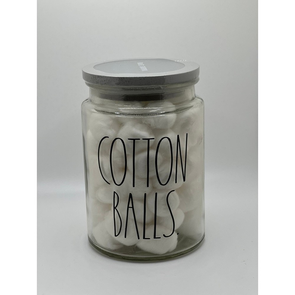 RAE DUNN Cotton Balls in Gray Lid Glass Jar NWT