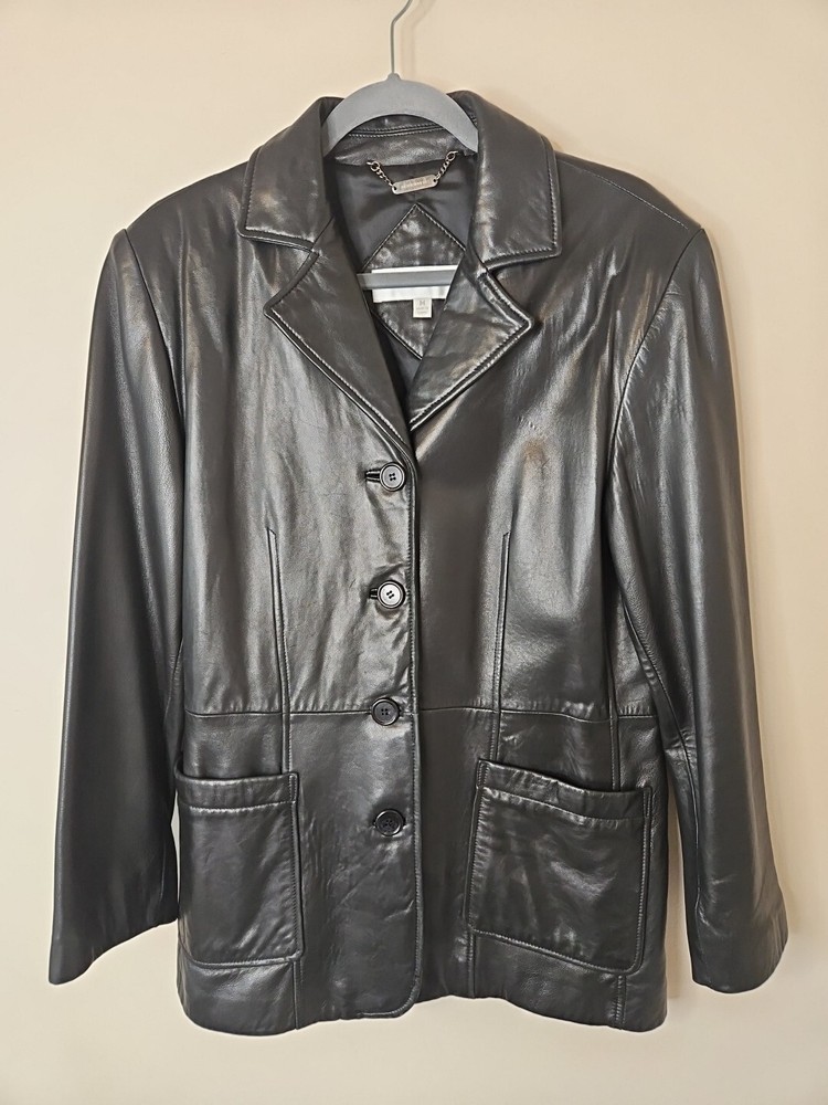 Liz Claiborne Jacket Women M Black Leather Blazer Shoulder Pads Retro Chic Luxe