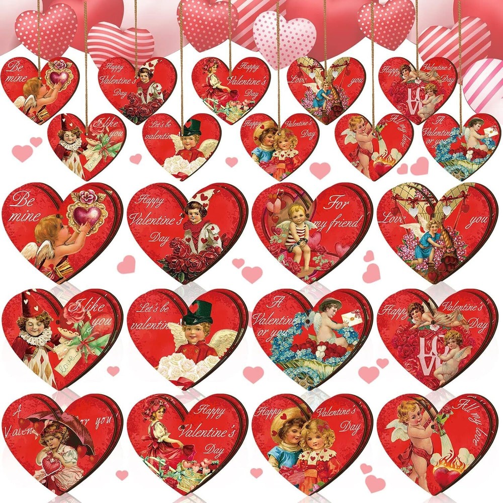 24 Pcs Vintage Valentine's Day Wood Ornaments Valentine's Tree Wooden Ornaments