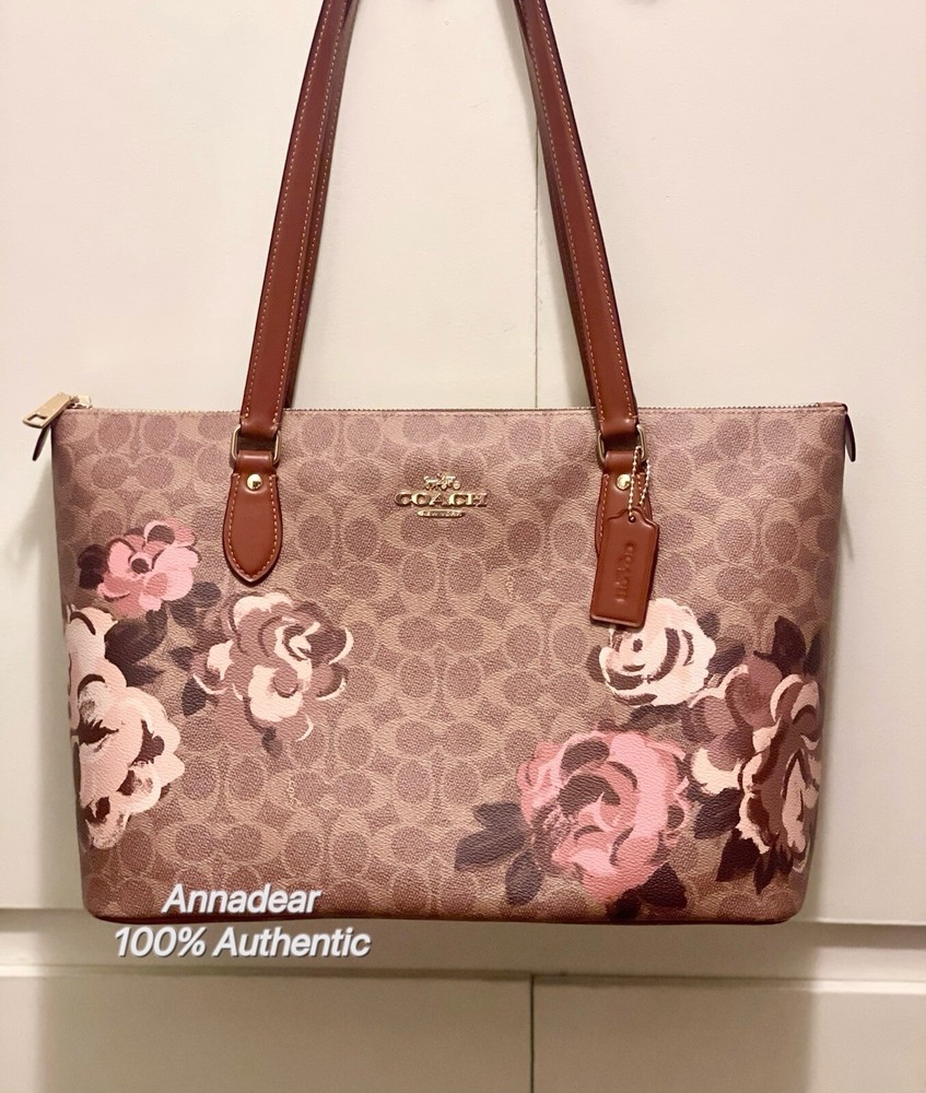 NWT Coach CZ180 Gallery Tote Bag In Signature Canvas With Rose Print Tan Brown