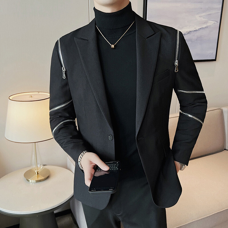 Men Zip Design Suit Blazer Peak Lapel Dress Jacket Top Coat Casual Cool Classic
