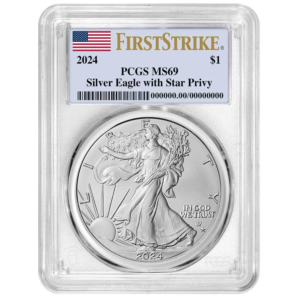 Presale - 2024 (P) $1 1-oz American Silver Eagle Star Privy PCGS MS69 FS Flag...-image