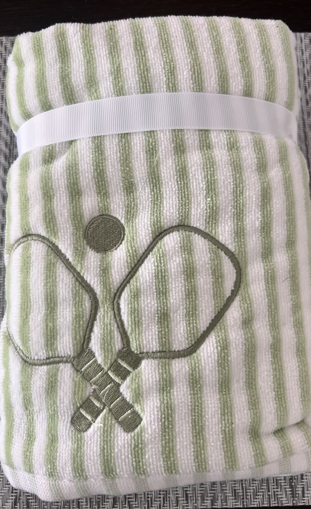 Kassadecor Melange Pickleball Green White Striped Hand Towels Set of 2 New With Tags