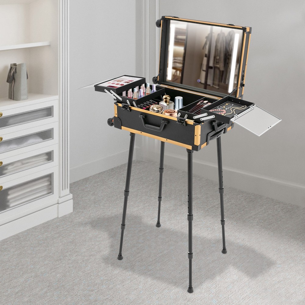 Rolling Makeup Case Trolley Train Box Organizer with LED Lighted Mirror