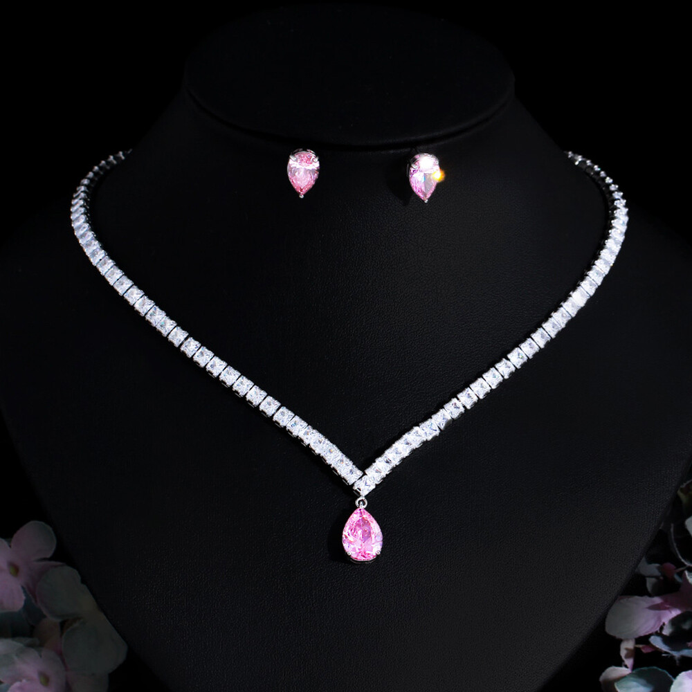 Silver Plated CZ Pink Women Tennis Drop Engagement Necklace Earrings Jewelry Set