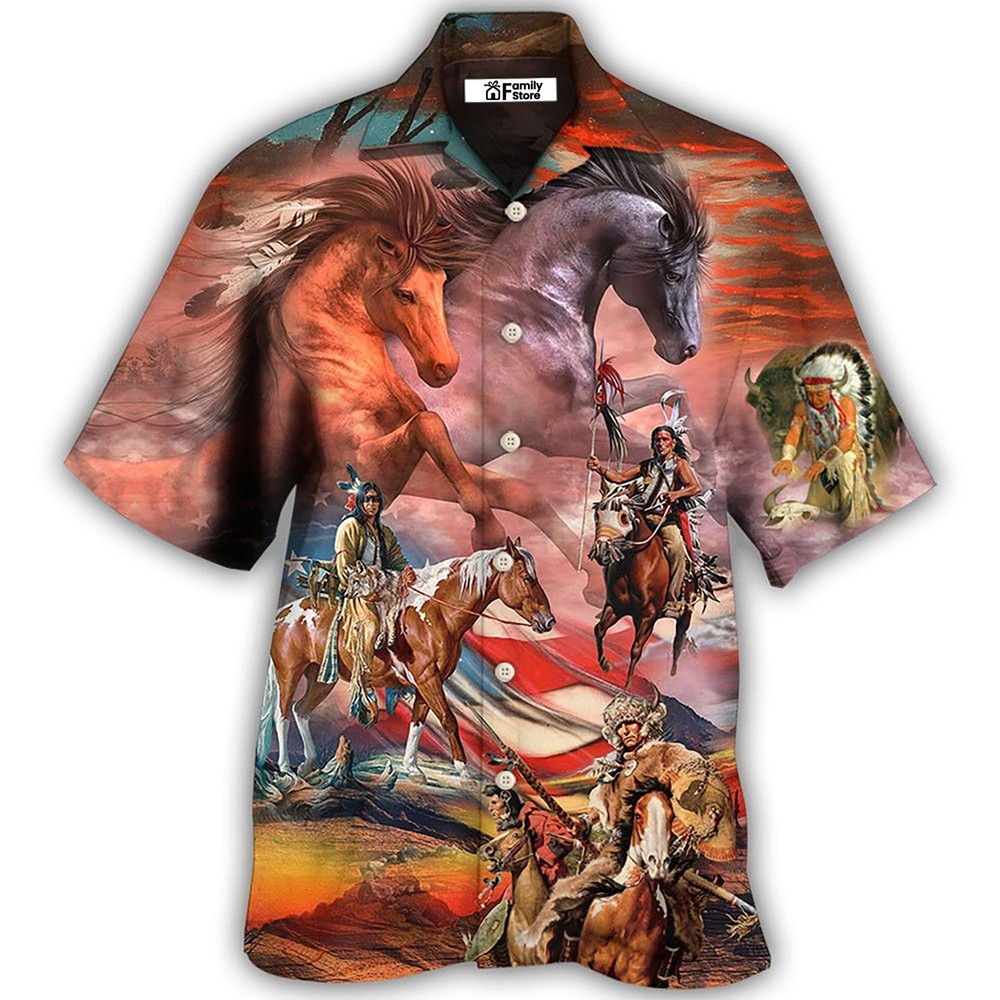 Celebrate Native American Independence Day with a Stylish Horse and American Flag Hawaiian Shirt
