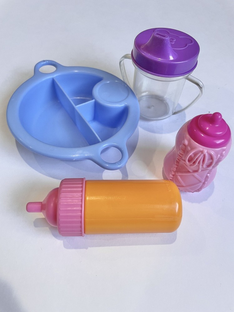 Vintage Baby Doll Feeding Dish Lot Set Of 4 Bottle, Sippy Cup, Plate Plastic