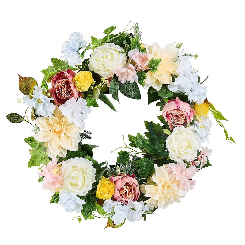 Artificial Decorative Wreath, 24 in, White Pink Yellow, Decorated with Peonies,