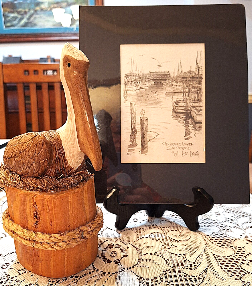 Lot of 2 Don Davey 'Fisherman's Warf' Lithograph & Pelican Figurine Signed Vtg