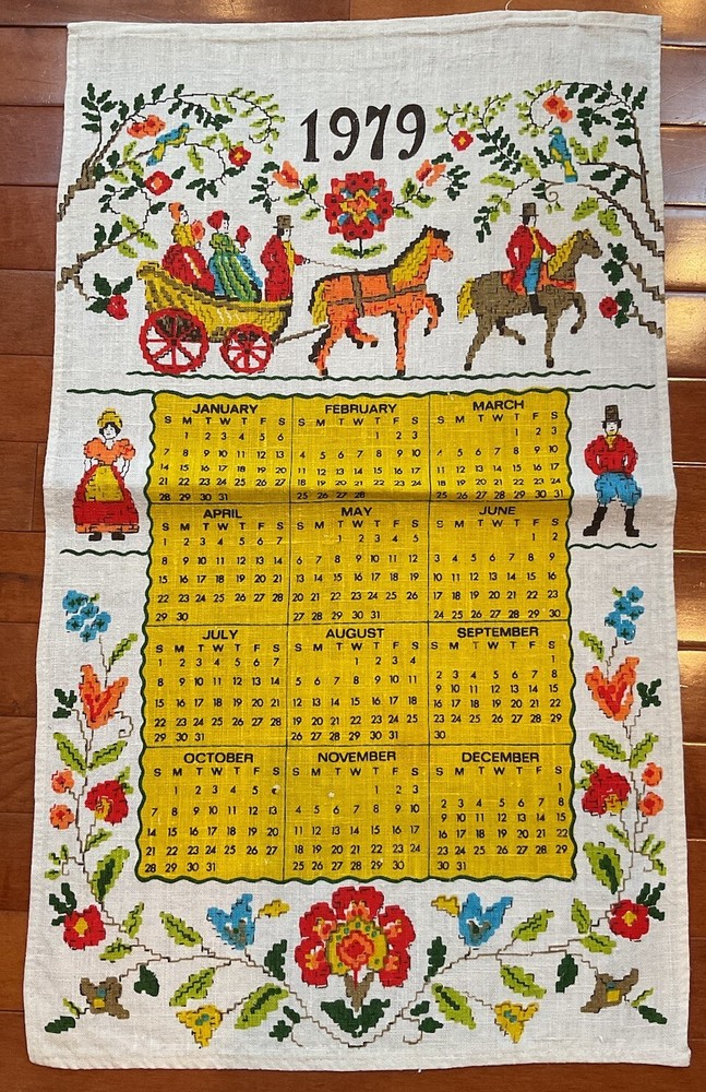 Vintage 1979 Kitchen Linen Calendar Tea Towel Horses Rider Carriage Bird Flowers