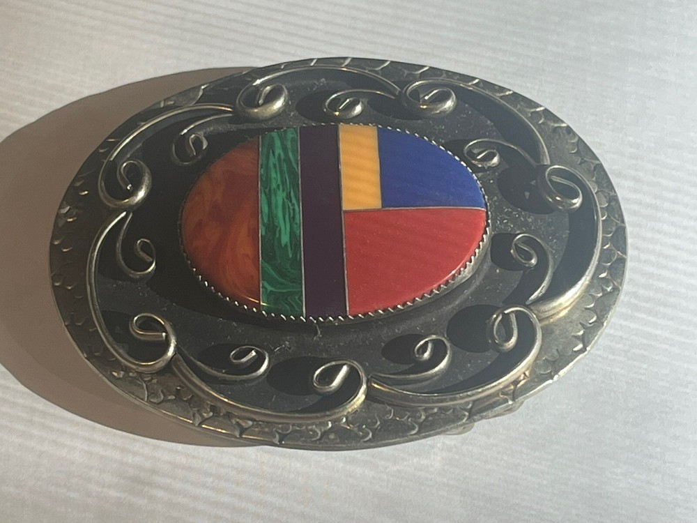 Turquoise belt buckle unknown metal Silver Color Vintage