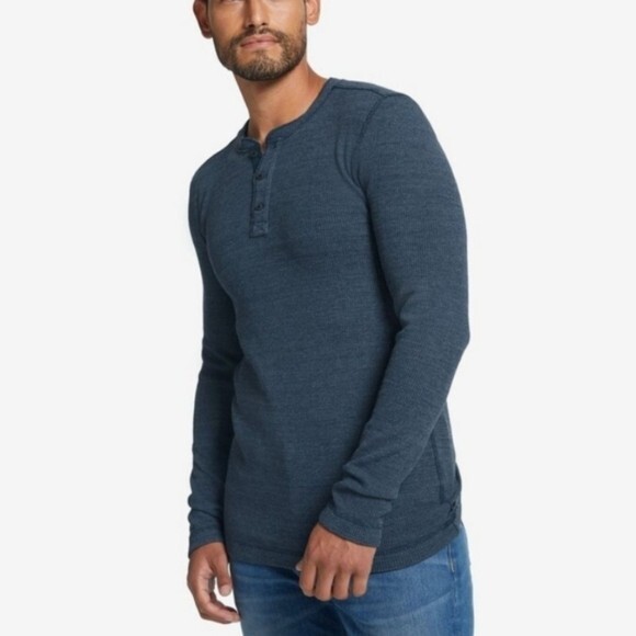 American Giant Men's Size Medium Blue Waffle Thermal Henley Long Sleeve Shirt