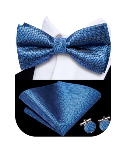 Bow Ties for Men Pre-Tied Pocket Square with Cufflinks Mens Bowtie Denim Blue