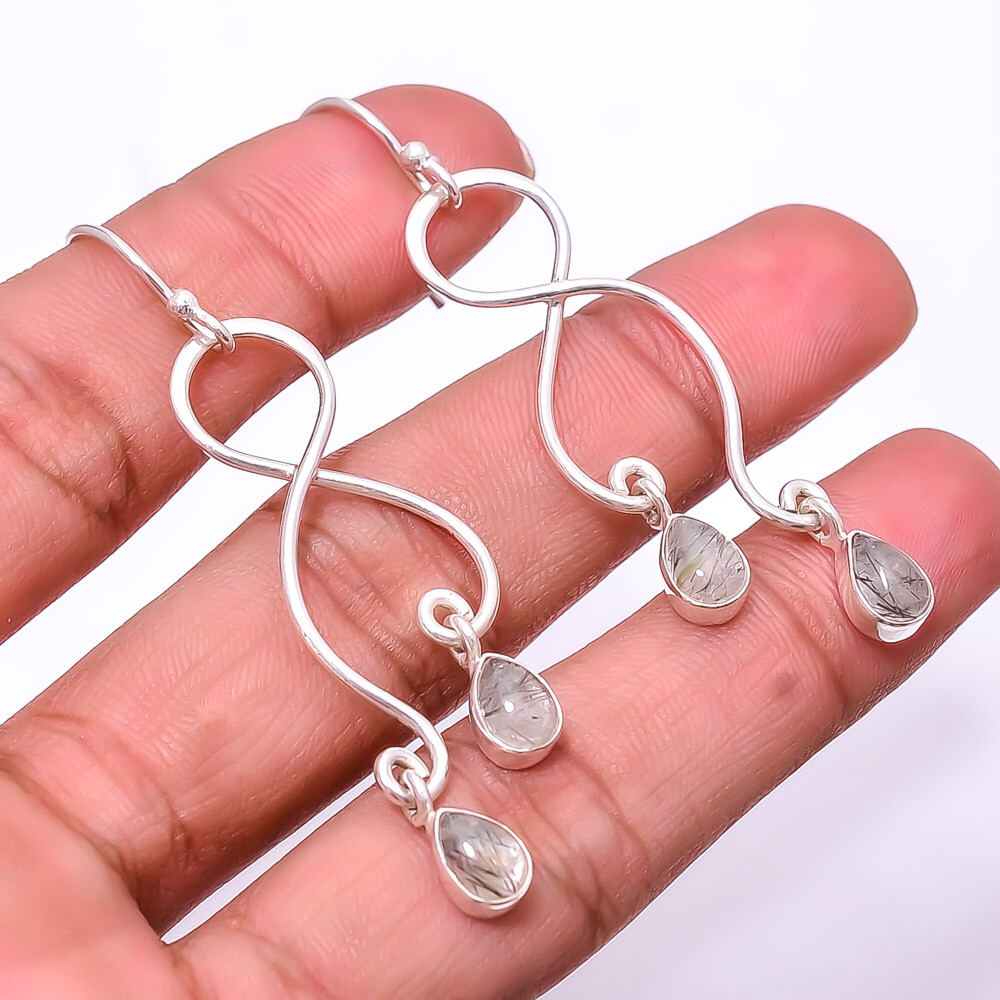 Natural Black Rutilated Quartz Designer 925 Sterling Silver Earring 2.34