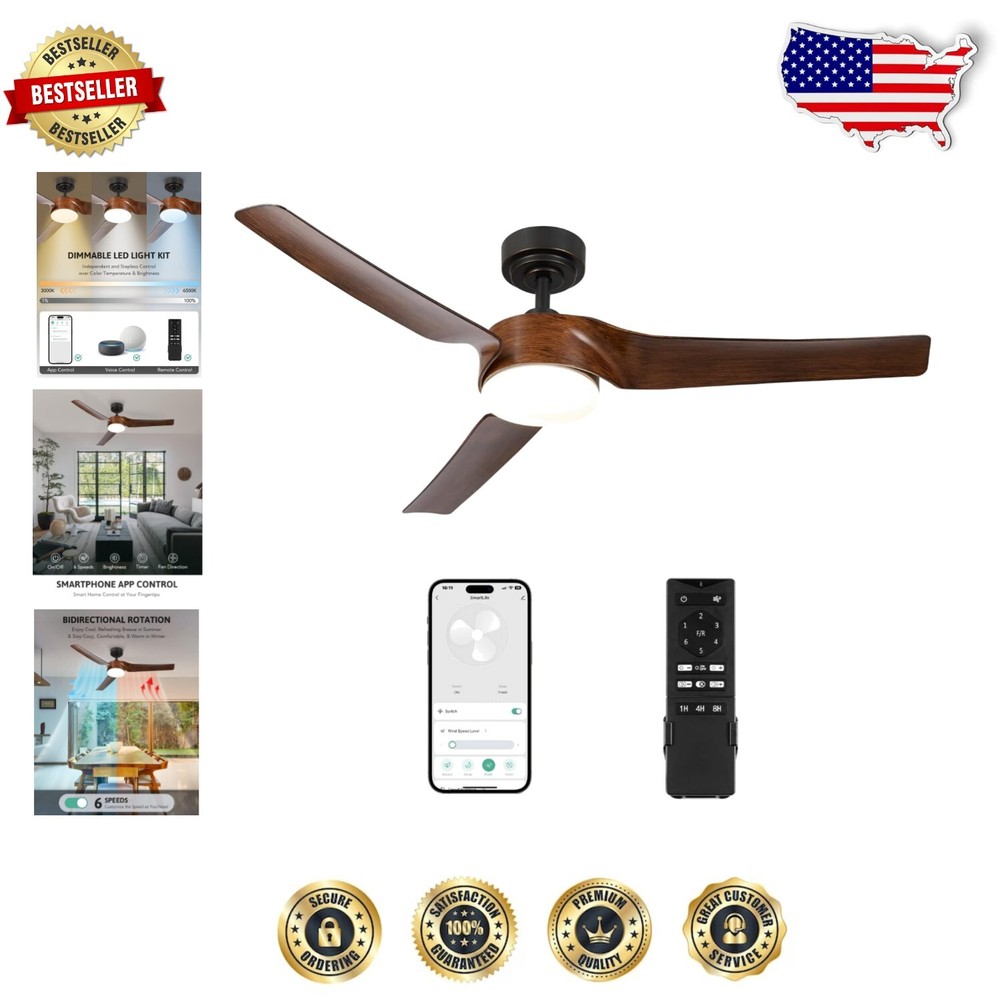 Remote-Controlled Walnut Ceiling Fan with Dimmable LED Lighting