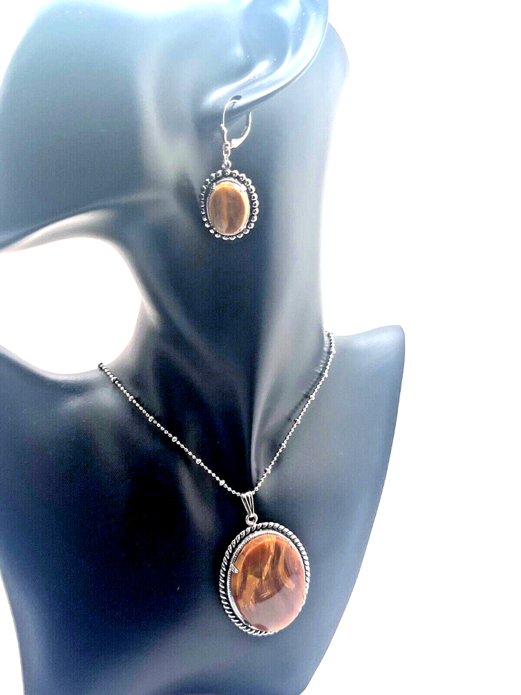 Cookie Lee Silver Tiger's Eye Pendant and Matching Earrings Set