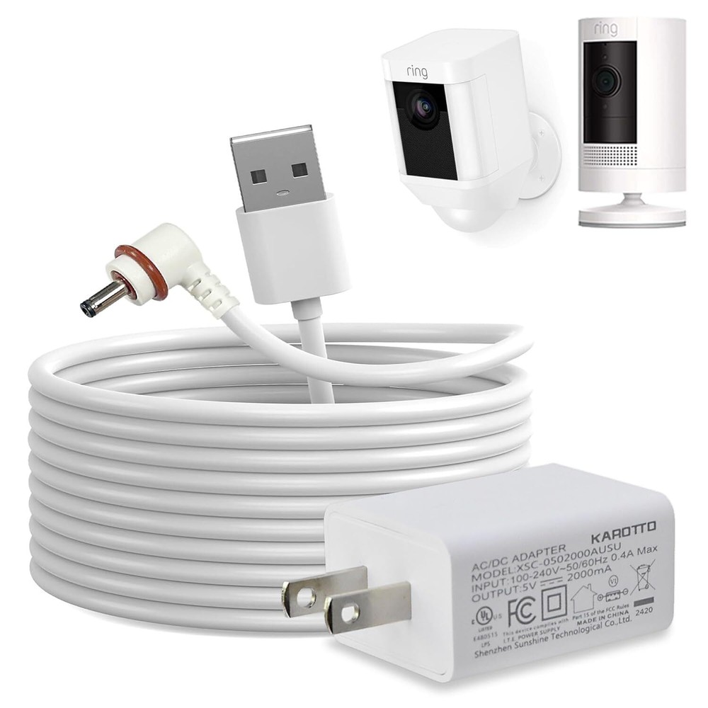 10Ft Power Cord with Adapter for Ring Stick Up Cam Battery 3rd 1PACK, White