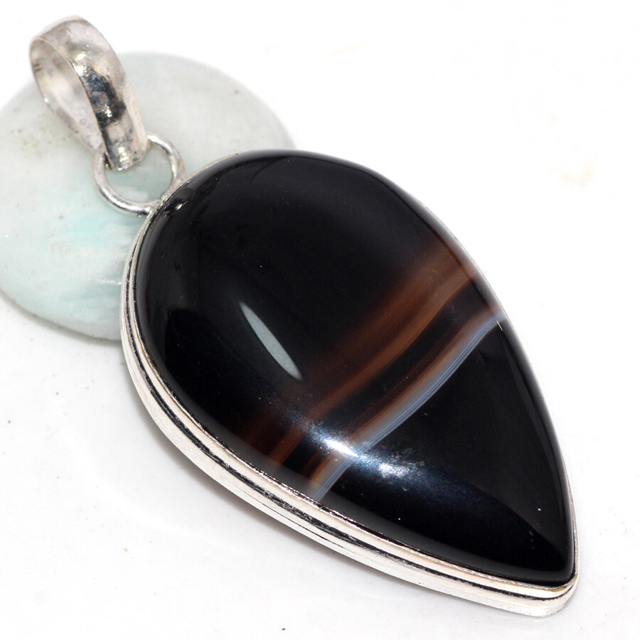 Banded Black Onyx 925 Silver Plated Gemstone Pendant 2