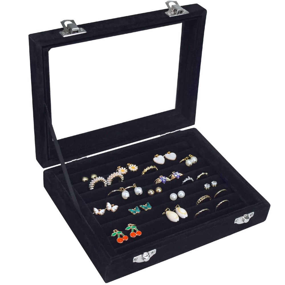 7-Slot Velvet Jewelry Organizer Tray for Rings Earrings Transparent Storage Box