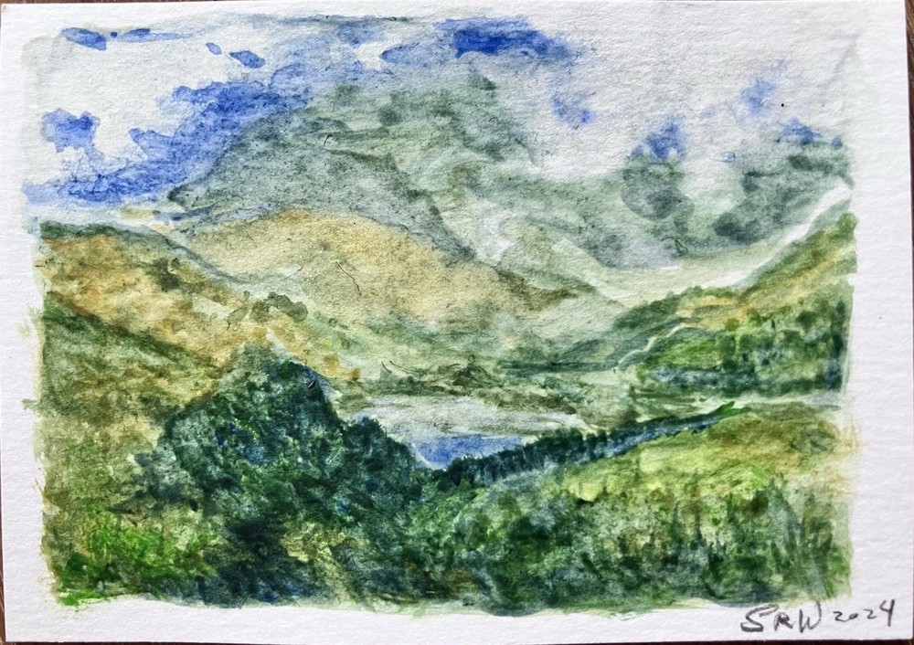 ACEO Watercolor Landscape Mountains Valley Original Painting Art Card