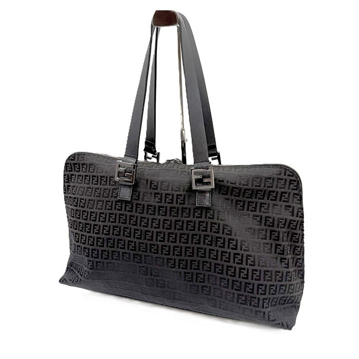 RARE FENDI Zucchino Zucca Trapezoid Tote Bag Large Capacity Black